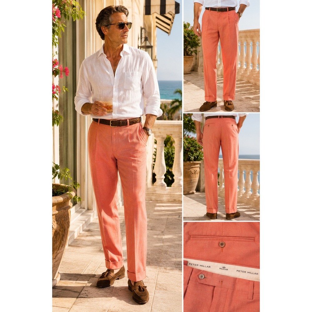 Peter Millar Tessuti di Sondrio Coral Pink Trousers Size 36x30.5 Made In Italy